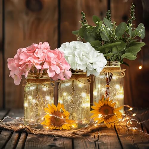 Lighted Mason Jar Centerpiece Set of 3 Eucalyptus Plant Decorative Jars Vase Farmhouse Table Decorations for Home Living Dining Room Wedding Christmas Thanksgiving Party - color: Jar-eucalyptus
