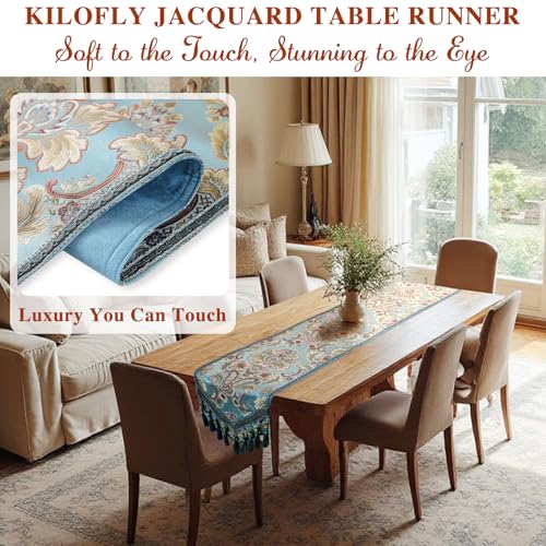 kilofly Elegant Floral Brocade Jacquard Table Runner Tassels (96 x 12 inches) - color: Blue, size: 96*12 inch