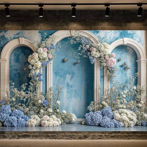 6X4ft Retro Blue Flower Backdrop Blue Hydrangea Floral Butterfly Arch Photography Backdrops European Style Bridal Shower Party Banner for Interior Portrait Photoshoot Photo Booth Wallpaper Decor - color: Multi11, size: 6X4ft