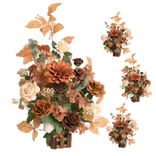 Ling's Moment 17.5" Tall Standing Artificial Flowers Arrangements 4 pcs Wedding Aisle Runner Chair Decorations Walnut Brown & Burnt Orange Centerpieces For Ceremony Reception Rose Floral Party Outdoor - color: Walnut Brown & Golden Glove