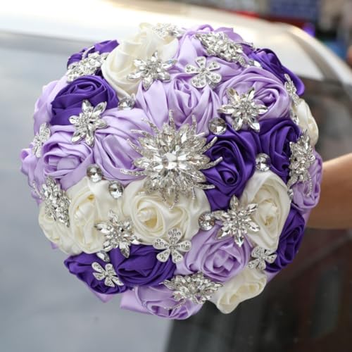 Small Bride Bouquet Wedding Handmade with Luxury Silver Rhinestone Brooch for Bridesmaid Satin Rose Flower Bridal Bouquet Wedding Purple Lavender and Ivory 6.3in - color: Purple, Lavender & Ivory, size: Small (DIA. 6.3"/16cm)