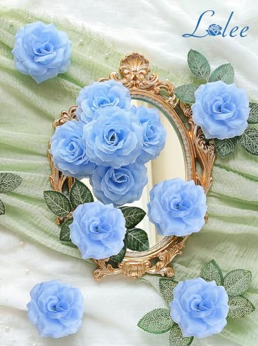 LELEE Rose Head Flowers with Stem, 108pcs Light Blue Rose Artificial Flowers Bulk, Silk Rose Fake Flower for Wedding Bouquet Party Home Decor DIY Baby Shower Centerpieces Tables Decoration - color: Light Blue