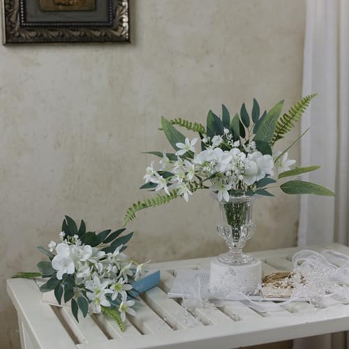 VIERENA Artificial Greenery Stems Box Set(Pack of 85pcs) with 8 Kinds of Faux Plants and Fake Flowers for DIY Wedding Bouquet Table Centerpieces and Floral Arrangement (White&Dusty Green) - color: White&dusty Green