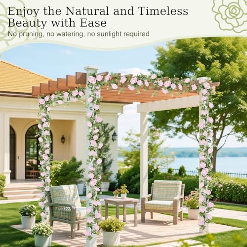 Lewondr Artificial Eucalyptus Garland with Flower, 2Pack 13FT Faux Floral Greenery Garlands Fake Flowers Vines, Maintenance-Free for Wedding Table Backdrop Party Centerpiece Room Decor, Pink - color: Pink, size: 2 Pack
