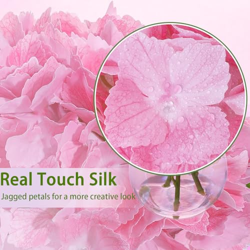 Deep Pink Artificial Hydrangea Flowers in Glass Vase with Faux Water, 3 Stems Lifelike Fake Floral Arrangement, UV-Resistant Odorless Centerpieces for Dining Table Home Office Decor (7.9") - color: Deep Pink Hydrangea