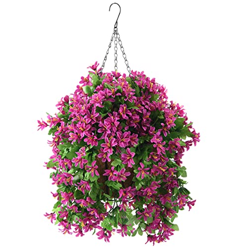 INQCMY Artificial Hanging Flowers in Basket for Spring Summer Outdoor Porch Decoration,UV Resistant Fake Silk Violet in Planter Realistic for Outside Home Patio Balcony Garden Yard Decor - color: Light Purple