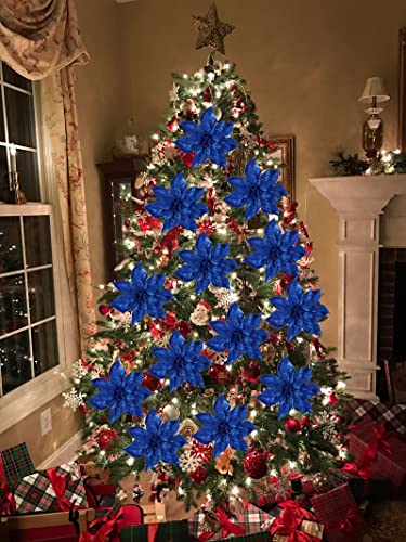 Briful 9'' Christmas Poinsettia Flowers 8PCS Blue Glitter Artificial Flowers Large Christmas Ornament Flowers for Xmas Tree Wreath Garland Decoration - color: Blue