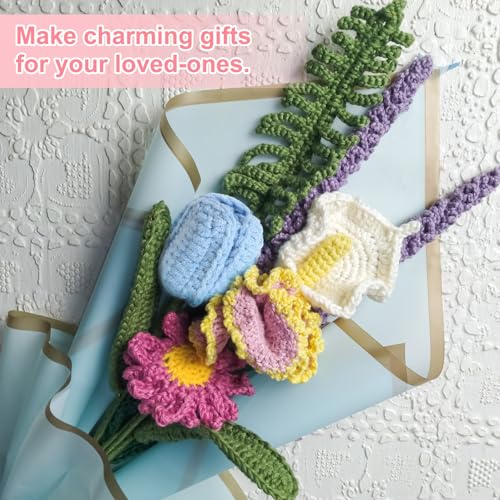 MECCANIXITY Tulip Crochet Flowers, Artificial Knitted Tulip Flower Completed Handmade Tulips Bouquet for Gift Home Birthday Wedding Decoration, Lake Blue Pack of 10 - color: Lake Blue