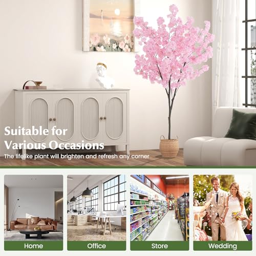 Goplus 6.5FT Artificial Cherry Blossom Tree, Pink Fake Flower Tree, Faux Floral Plant Blooming Tree in Cement Pot, Tall Potted Artificial Tree for Indoor Outdoor Office Home Porch Decor