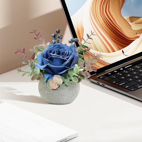 Artificial Flowers in Pots, Blue Rose Small Potted Plants Fake Flowers in Vase Blue Table Decor for Office Bathroom Living Room Party Wedding - color: 1 Pack Blue Rose