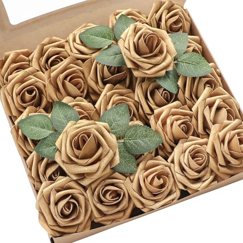 Floroom Artificial Flowers 25pcs Real Looking Antique Gold Foam Fake Roses with Stems for DIY Wedding Bouquets Bridal Shower Centerpieces Floral Arrangements Party Tables Home Decorations - color: Antique Gold, size: 25Pcs