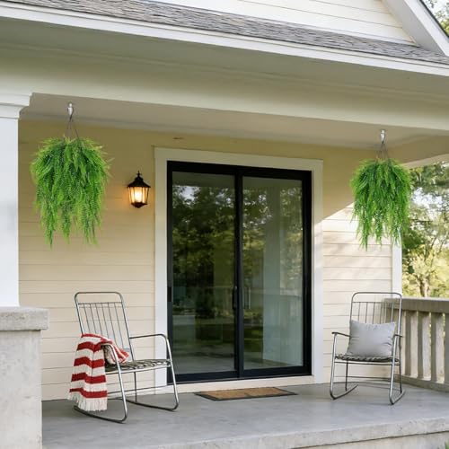Artificial Hanging Ferns for Outdoors UV Resistant Fake Hanging Ferns with Hanging Baskets 2 Set Boston Ferns Artificial Plants 23.6" Faux Ferns Outdoor Hanging Basket Front Porch Patio Garden Home