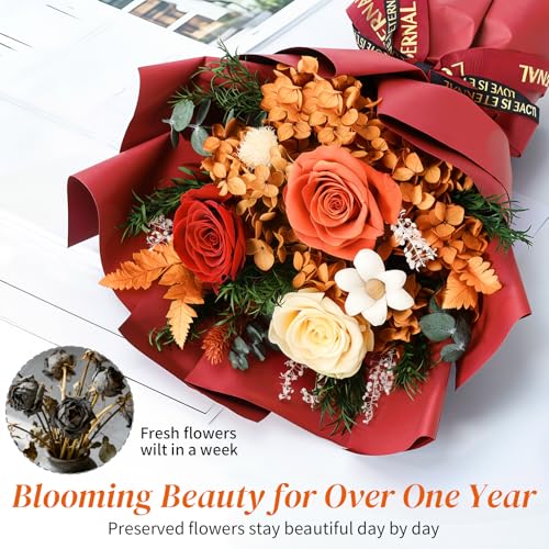 Lewondr Flower for Delivery, Preserved Flowers Bouquet, Orange Roses Bouquet, Real Long-Lasting Forever Birthday Flowers Gifts for Mom Best Friend Mothers Day Christmas Graduation, Dark-Orange - color: Dark Orange