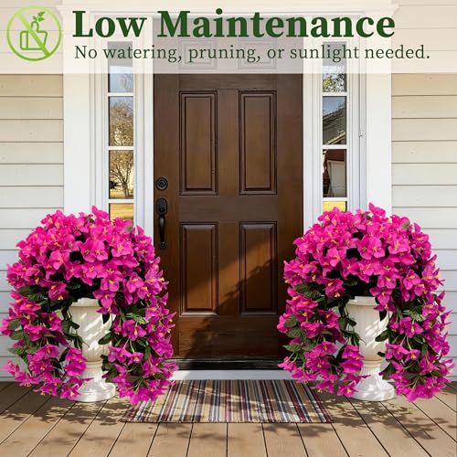 Artificial Bougainvillea Hanging Flowers Plants - 2 PCS faux Bougainvillea artificial flowers with Long Trailing Vines for Outdoor Decoration, Perfect for Porch, Garden, Urn Patio Balcony (Red Lotus) - color: Red Lotus