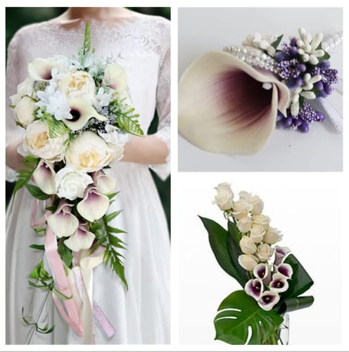 Crafjie 22pcs 13.4 Inch Lataex Real Touch Artificial Calla Lily Flowers, for Home Decor for Spring Flowers, Home Kitchen, Wedding Decorations, and centerpieces. (Purple in Center) - color: Purple in Center