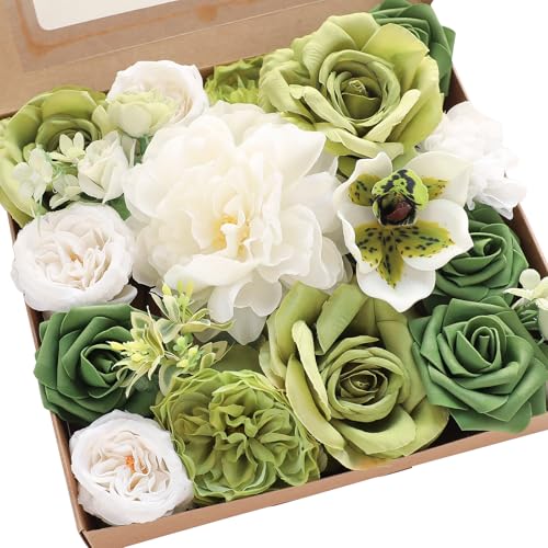 Floroom Olive Green White Artificial Flowers Fake Roses Peonies and Greenery Combo Box Set for DIY Wedding Bouquets Bridal Shower Centerpieces Floral Arrangements Party Tables Home Decorations - color: Muted Olive Green