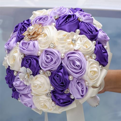 MaxxCloud 7.1‘’ Handmade Romantic Toss Bouquet for Bride Stunning Bridesmaid Brooch Wedding Bouquet with Jewelry Petals 2 Purple and Ivory - color: 2 Purple+ivory, size: 7.1''/18cm
