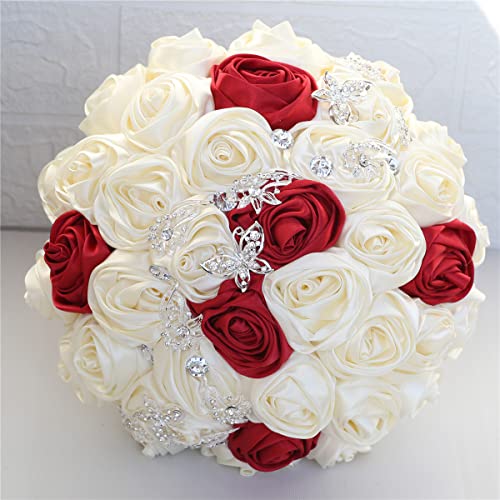 Sharebeauty 9.4" Handmade Satin Rose Bridal Bouquet Toss Round Wedding Bouquet Throw Toss Artificial Flower Bunch Ivory + Dark Red - color: W363 Ivory/Dark Red, size: 9.4"/24cm