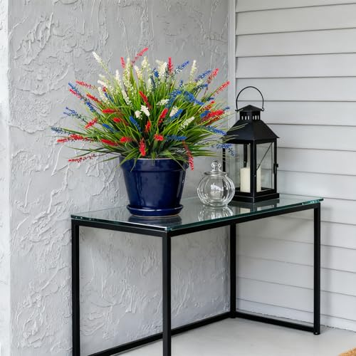 Ammyoo Artificial Faux Plants for Outdoor Spring Decoration, 12 Pcs Fake Monkey Grass for Garden Porch Balcony Planters, Fake Flowers Shrubs UV Resistant No Fade Plants Greenery Bush (Red Blue White) - color: Red Blue White, size: 12 Pcs