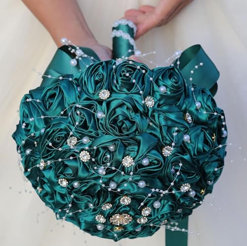 Ujicde Romantic Wedding Bouquet Bridal Bridesmaid Round Bling Brooch Bouquet Throw Toss Artificial Rose Flower Bunch with Sparkle Rhinestone Crystal Decoration(Dark Green,Dia. 6.3"*16cm) - color: Dark Green, size: Dia. 6.3"*16cm