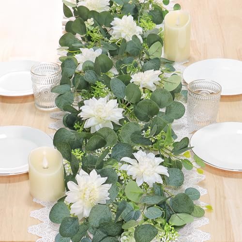 Dremisland Artificial Flowers Garlands 2 Pack 12Ft Artificial Eucalyptus Garland with Dahlia Flower Hanging Flowers Vines Spring Garland for Backdrop Wedding Arch Bedroom Home Wall Room Decor - size: 2PCS