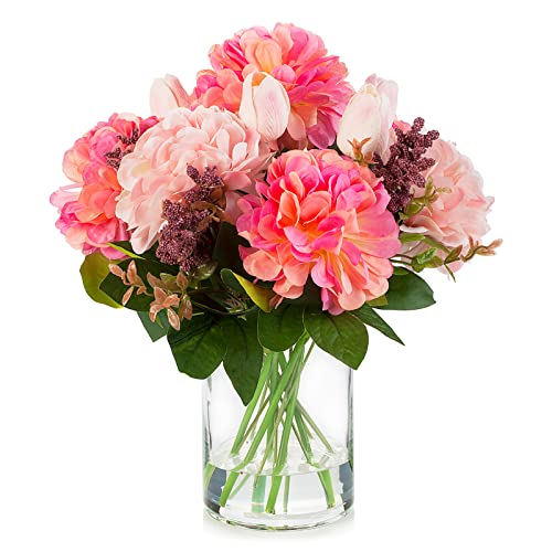 ENOVA FLORAL Tulip Real Touch Artificial Flower Arrangement with Vase, Mixed Dahlia Silk Flower in Vase for Dining Table Decorations, Wedding Centerpiece (Pink) - color: T& Dahlia Pink