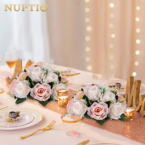 NUPTIO Flower Balls for Wedding Centrepieces - 2 Pcs 9.5in Diameter Artificial Flower Ball Arrangement Bouquet Peachy Pink & Creamy White Fake Rose Flowers Party Centerpieces for Weddings Tables - color: Peachy Pink & Creamy White, size: 2 Pcs
