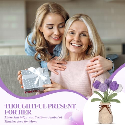 Marsui Crochet Knitting Tulip Bouquet with Vase 7" Knitted Artificial Forever Tulip Handmade Woven Flower with Exquisite Pot Gift for Father's Gifts Back to School Gift Family Home Desk Decor(Purple) - color: Purple, style: Tulip