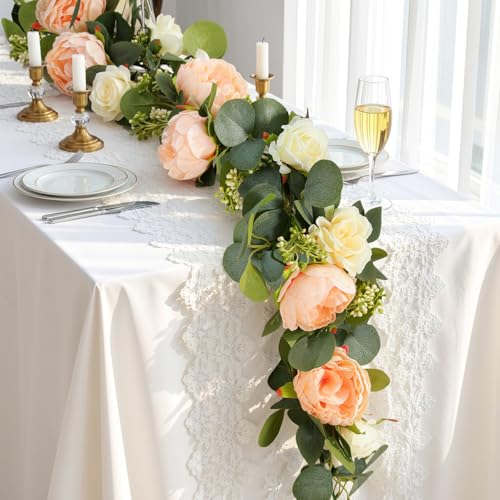 Lewondr Artificial Eucalyptus Garland with Flower - 4 Rose 4 Peony, 6FT Faux Floral Greenery Garlands Fake Flowers Vines, Maintenance-Free for Wedding Table Backdrop Party Room Decor, Mixed Champagne - color: Champagne, size: 1 Pack