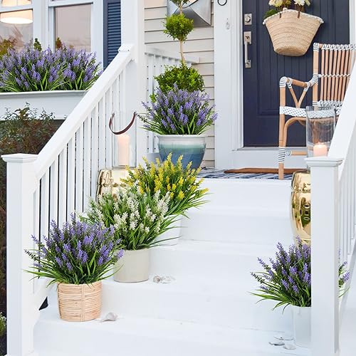 RECUTMS 12Pcs Artificial Outdoor Flowers UV Resistant Fake Outdoor Plants, Fake Monkey Grass with Flowers,Faux Greenery for Indoor Outside Hanging Plants Garden Porch Wedding Farmhouse Décor(Purple) - color: Purple