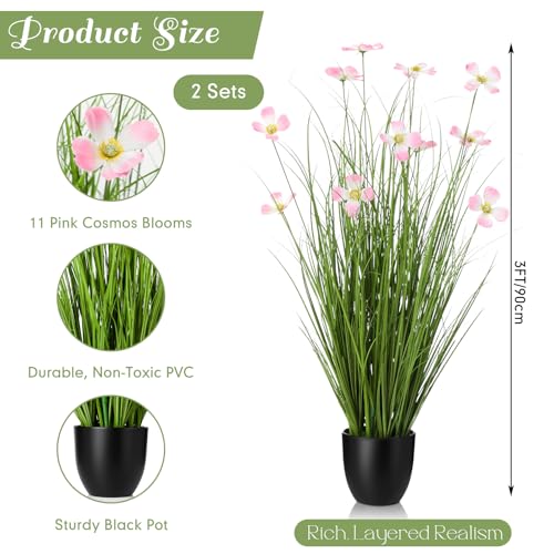 Jexine 2 Pack 3ft/35inch Artificial Outdoor Grass Plant Tall Faux Greenery Grass in Pot with Fake Pink Cosmos for Housewarming Wedding Gifts Spring Home Office Indoor Outdoor Decor - color: Cosmos, size: 3ft