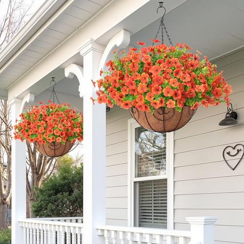 Artificial Fake Hanging Plants Flowers Basket Outdoors Summer Autumn Decor, Hanging Planter with Faux Silk Daisy Flowers Realistic UV Resistant for Outside Home Porch Front Patio Balcony Garden Orange - color: Orange