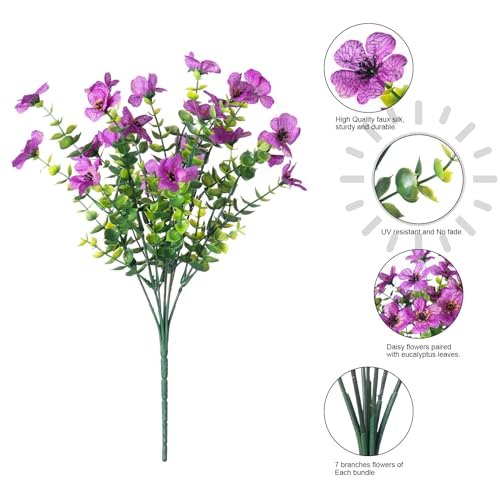 HyeFlora Artificial Flowers for Outdoor Indoor Garden Home Decoration, Faux Flower Daisy with Eucalyptus Leaves Fake Plants Greenery Boxwood Porch Patio, 12 Bundles (Purple) - color: Purple