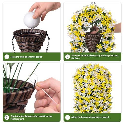 Hoppwodd Artificial Flower for Outdoors 4pcs Fake Lily Hanging Flower Baskets for Outside UV Resistant Silk Faux Long Trailing Vines for Garden Porch Patio, White & Yellow - color: White & Yellow