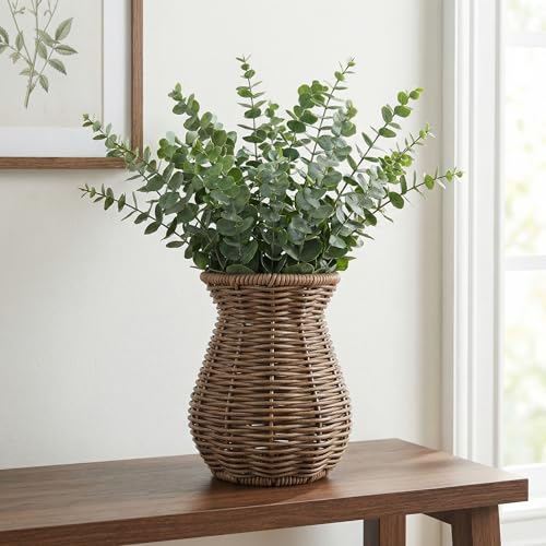 Cabilock Small Rattan Vase for Flowers, 5.7" Rustic Woven Wicker Vase for Boho Home Decor, Imitation Rattan Flower Basket, Farmhouse Desktop Centerpiece for Pampas Grass, Dried Floral Arrangement