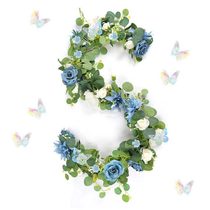 Eucalyptus Garland with Flowers - 1 Pack 5.9 FT Artificial Flower Garland with Butterflies Faux Rose Greenery Garlands for Backdrop Wedding Arch Centerpieces Decorations - Dusty Blue & White - color: Dusty Blue & White, size: 1 Pack