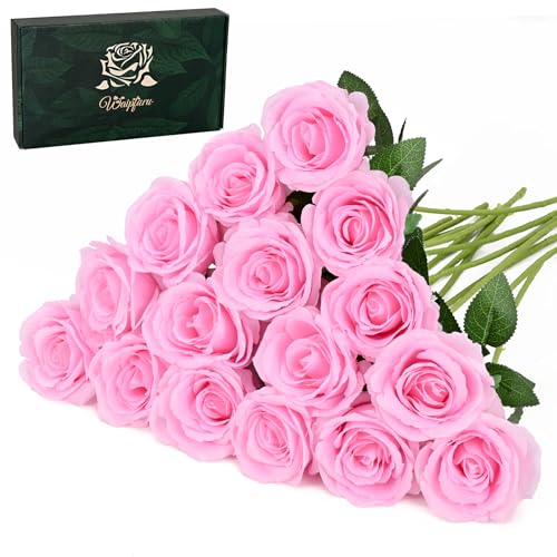 Waipfaru 16 Pcs Valentines Day Flowers, Fake Roses Artificial Flowers with Long Stems, Silk Pink Roses Bouquet for Wedding Vase Mothers Day Flower Arrangement Home Decor (Pink) - color: B-pink, size: 16 Pcs