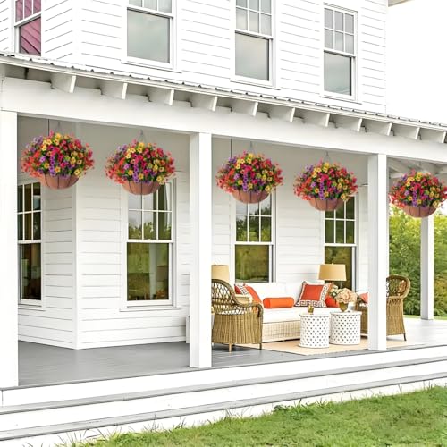 Artificial Flowers Hanging Basket for Outdoor Decoration UV Resistant Silk Flowers with Eucalyptus Leaves Faux Green Plant for Spring Summer Garden Porch Patio Balcony Yard Decor - color: Multi Color
