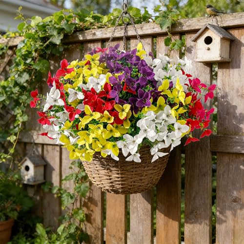 24 Bundles Artificial Flowers for Outdoors，Plastic Flowers Uv Resistant Fake Plants Bulk for Spring Summer Hanging Planter Porch Window Garden Home Decor