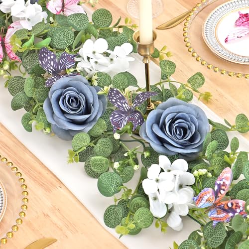 TOCHGREEN 2 Pack 5.9 Ft Artificial Fake Flower Vine White Rose Hydrangea Vines with 3D Butterfly Hanging Floral Greenery Eucalyptus Vines for Wedding Table Party Background Decor (Blue White, 2PCS) - color: Blue White