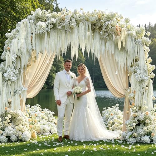 5Pcs Dried Amaranthus Hanging Flowers, 53" Neon Green Preserved Natural Wisteria for Wedding Arch, Table Centerpiece, Wall Hanging Lover Tears, Floral Arrangement (White) - color: White