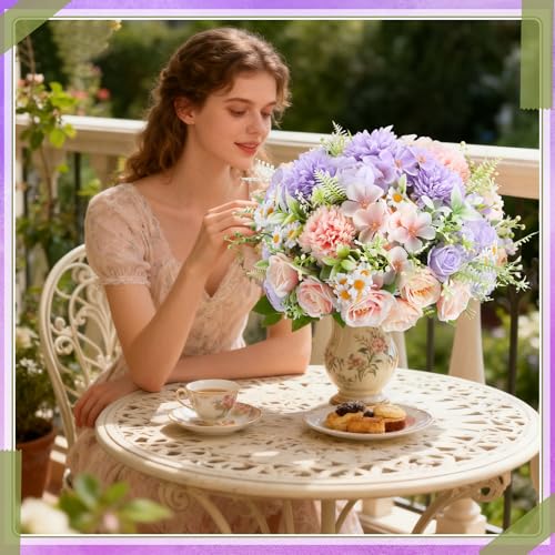 Tigeen 6 Bundles Artificial Bouquet Flowers Artificial Peonies Faux Roses Hydrangea Flowers Bouquet for Wedding Table Centerpiece Floral Vase Decor (Pink,Purple) - color: Pink,purple