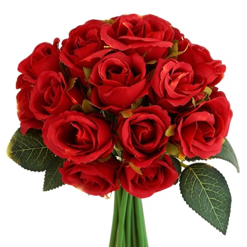 Jasion Artificial Roses Fake Flowers 12 Heads Arrangement Silk Bouquet for Home Office Parties Bridal and Wedding Decoration Without Vase (Red) - color: Red New