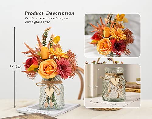 Artificial Flowers with Vase, Faux Silk Flowers Arrangement in Vase, Rustic Home Office Decorations, Farmhouse Dining Table Decor, Coffee Table Centerpiece, Fall Table Plant Decor - color: Autumn Red Yellow