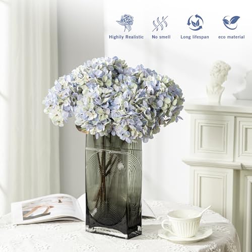 Artificial Flower Fake Silk Hydrangea Heads Bouquet with Stems Bulk for Fall Decoration Table Center Christmas Indoor Outdoor Faux Floral Realistic with Leaves Plants Crafts 8PCS(Blue) - color: Blue