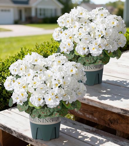 Geraniums Artificial Flowers for Outdoors, 2 Pack Potted Plants White Faux Geraniums Bush Artificial Topiaries Realistic UV Resistant Fake Flowers Plants for Planters Outside Gardens Front Door Indoor - color: White