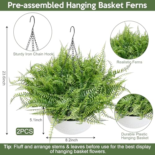 Set of 2 Artificial Hanging Ferns for Outdoors, Pre-Made Hanging Ferns for Outdoors Faux Greenery Plant Large Look Real Resistant UV Resistant for Indoor Balcony Front Porch Yard Garden Decor - color: Fern