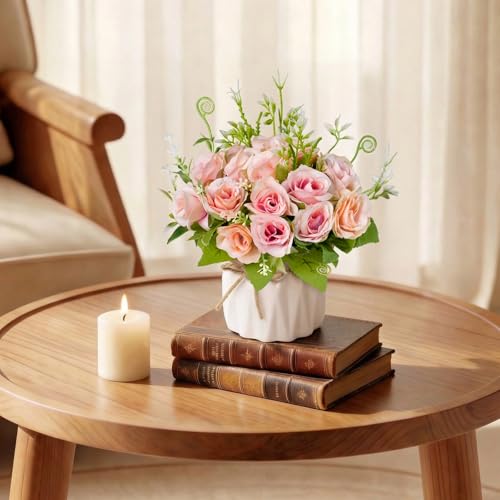 Fake Flowers with Vase,Pink Roses Artificial Flowers in Vase | Faux Flower Plant Arrangement,No Maintenance Faux Flower Arrangement, 6.3 Inch Realistic Table Decor for Home Office Wedding - color: Pink
