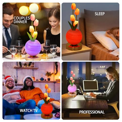 Tulip Flower Planet Lamp with Remote Control, Rechargeable Cordless Touch Dimming Artificial Flower Desk Lamp, LED Night Light Romantic Gifts for Girl Women Grandmother (Remote Control) - style: Remote control