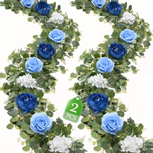 Livole 2Pcs 12 Ft Artificial Flower Garland Fake Blue Rose Peony Floral Garland with Eucalyptus Flower Hanging Vine for Wedding Arch Table Centerpieces Backdrop Party Home Decorations - color: Blue, size: 2 Pcs